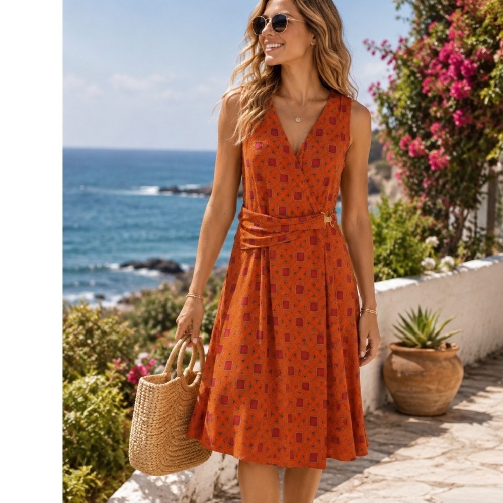 NY&Co‎ Dress Sz Medium Orange Fit & Flare  V Neck Sleeveless Coastal
